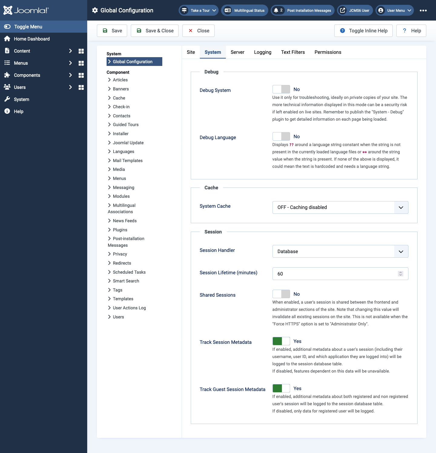 Global configuration system tab