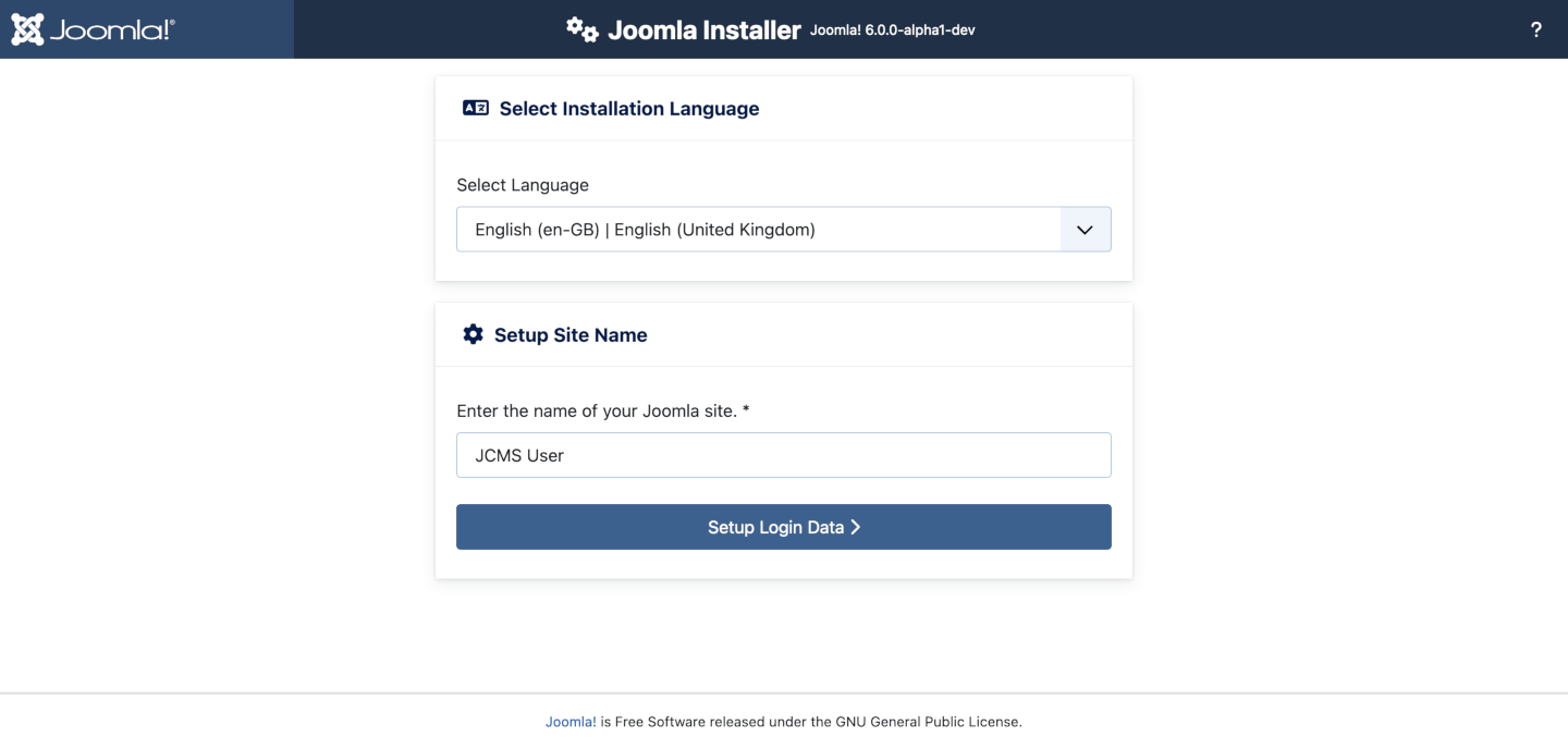 Joomla installer part 1, installation language and site name