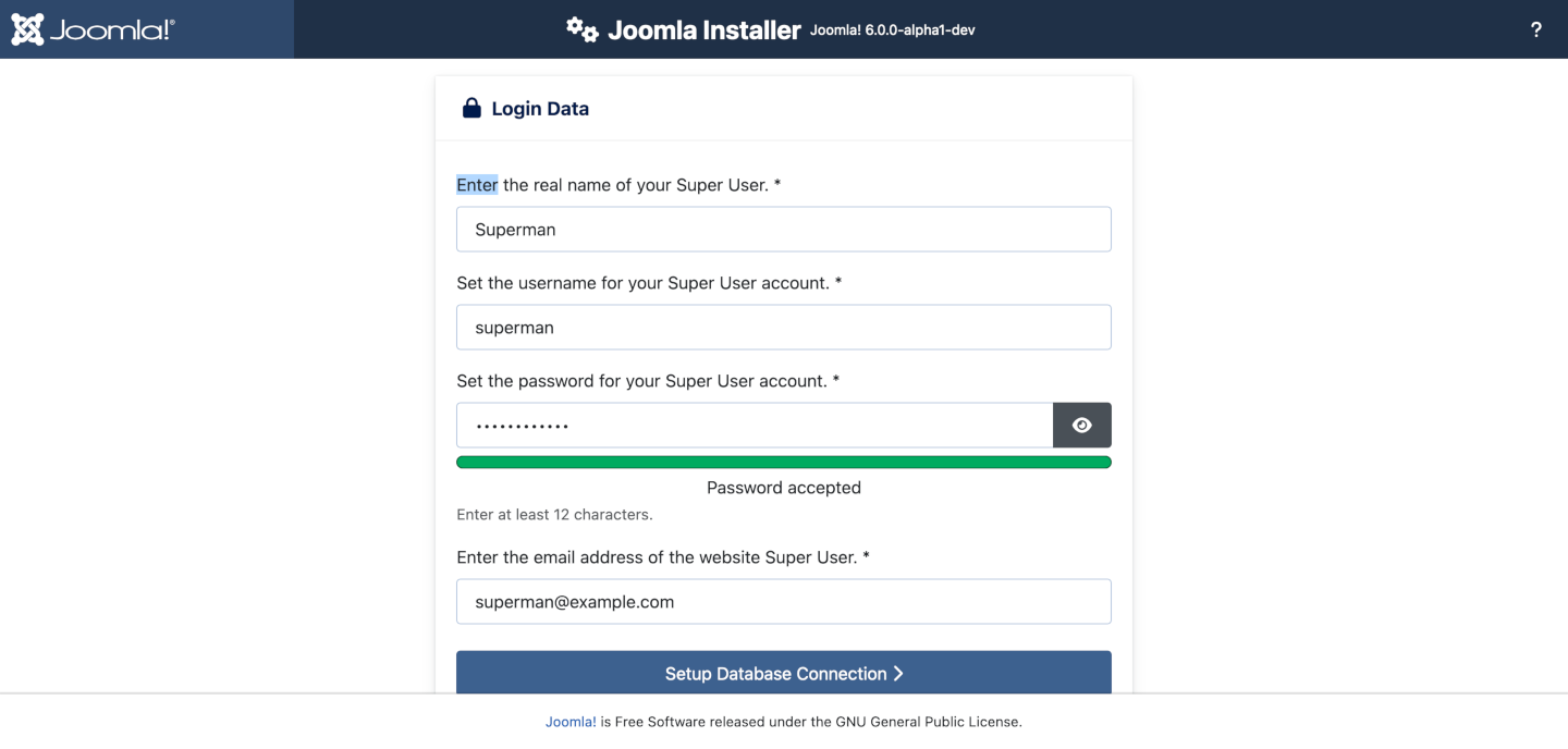 Joomla installer part 2, login data