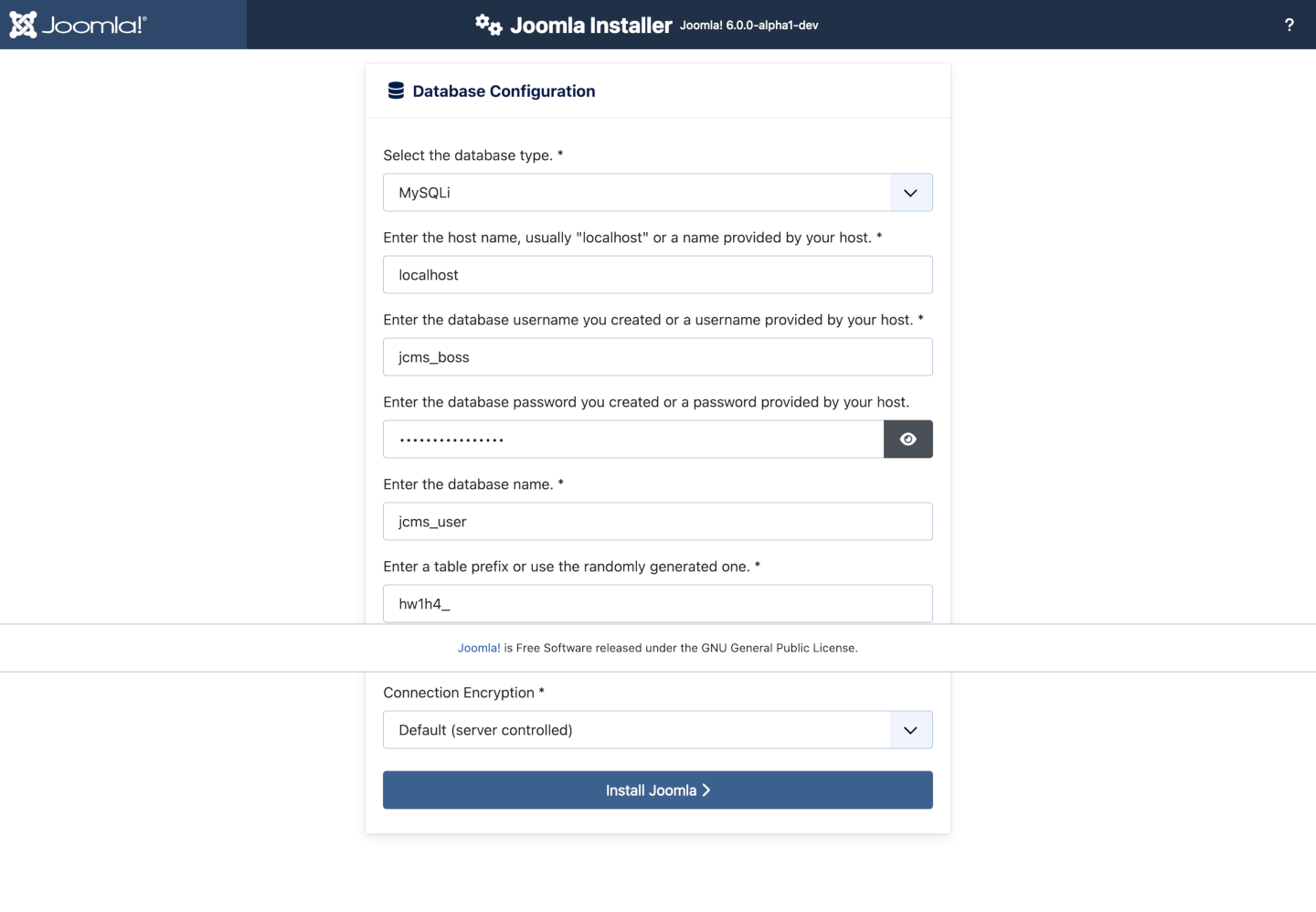 Joomla installer part 3, database configuration