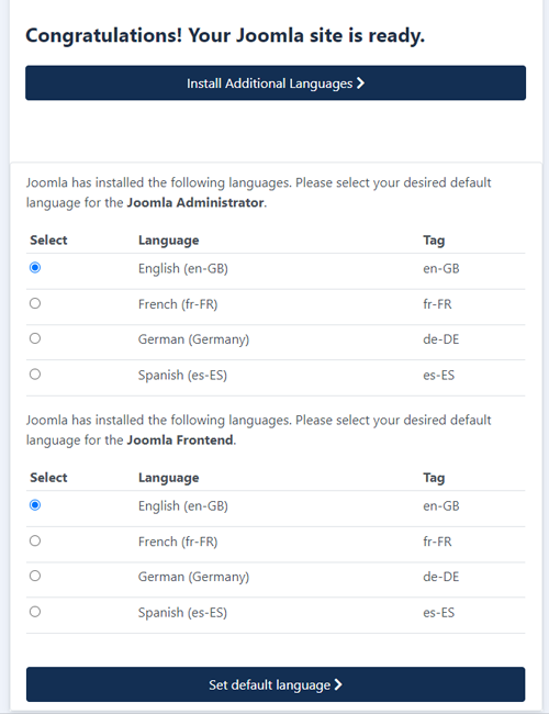 Joomla installer part 7, choose default language