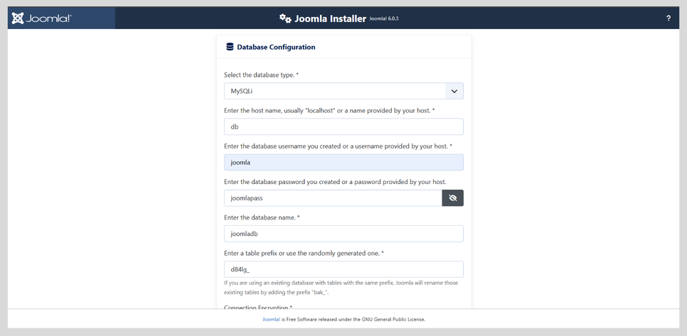 Joomla Installer database setup