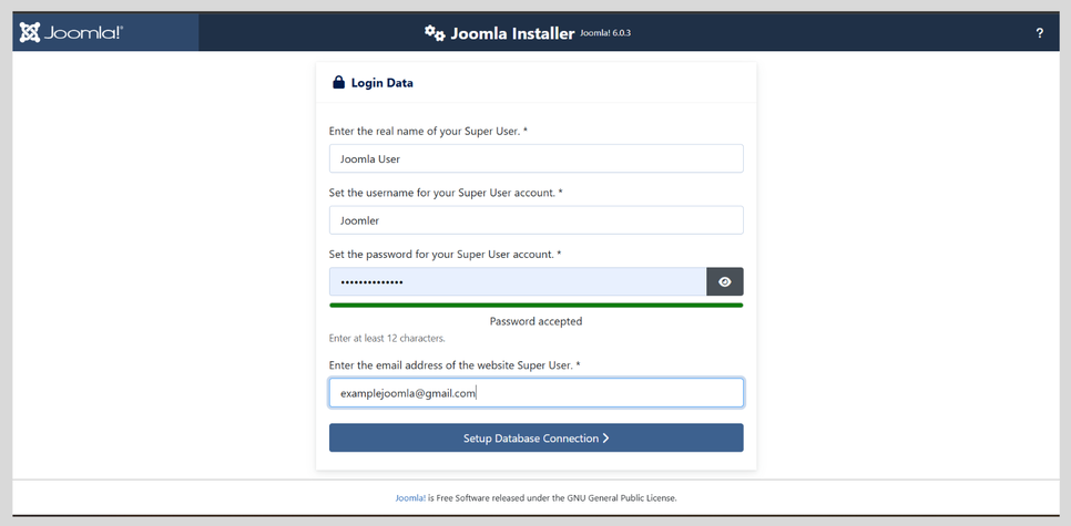 Joomla Installer Login Data