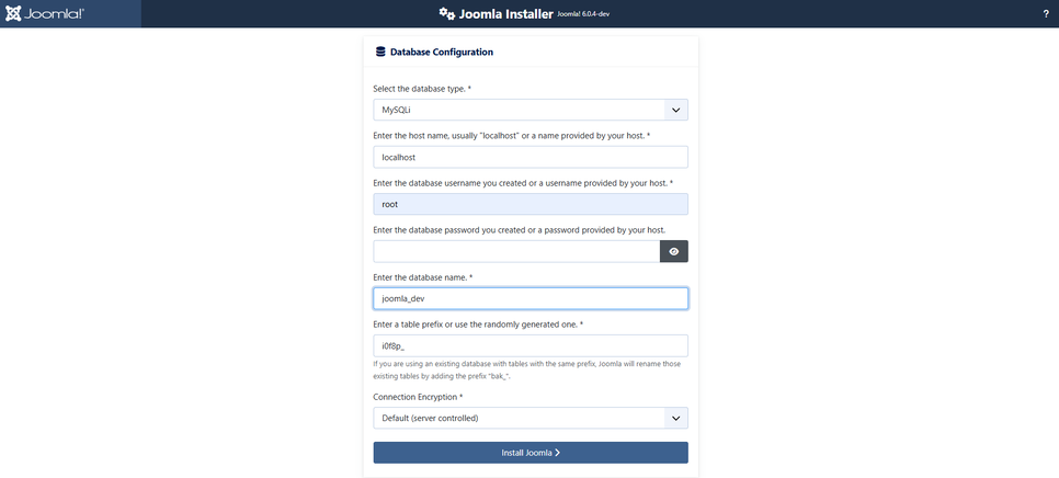 laragon setup joomla installer database settings