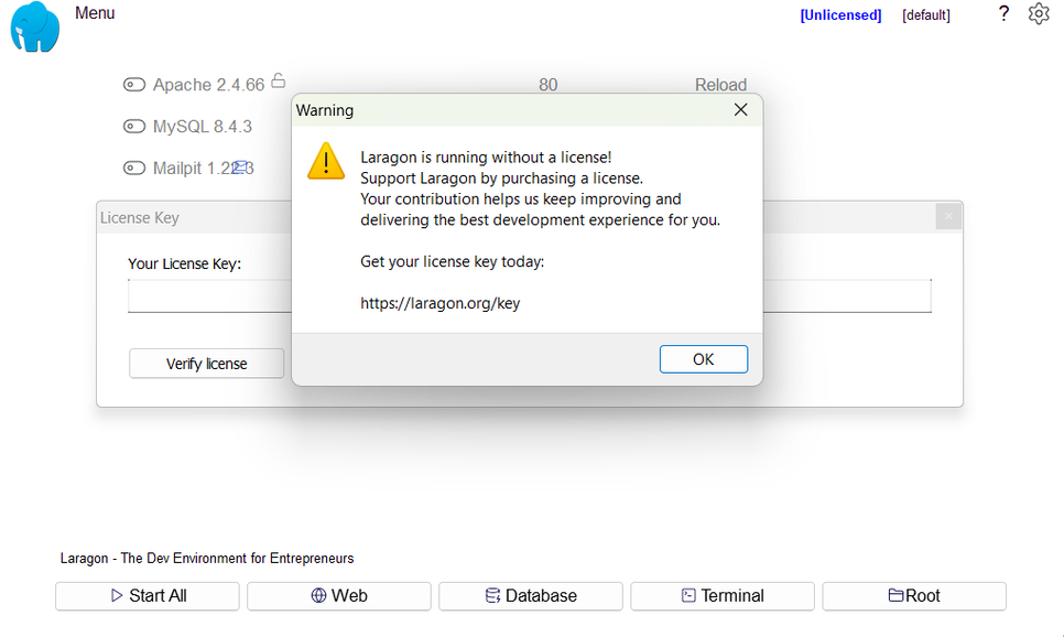 laragon setup no license warning