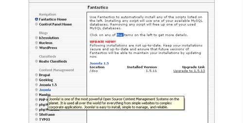 Fantastico joomla installation form