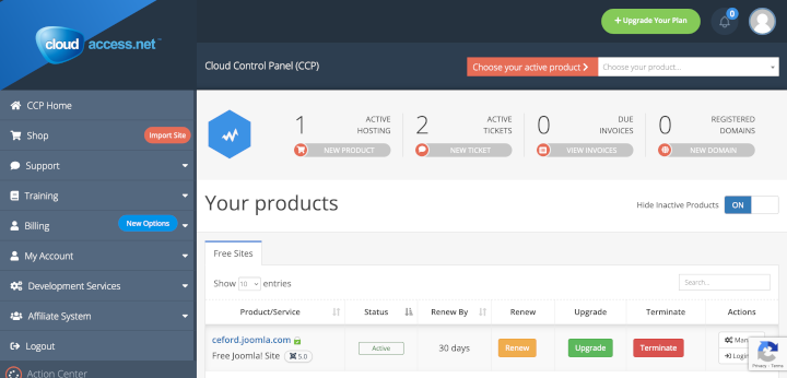 Launch Joomla cloud access control panel