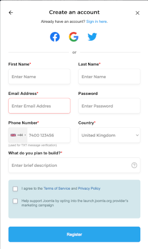 Launch Joomla personal details dialog