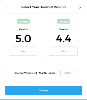 Launch Joomla select version dialog