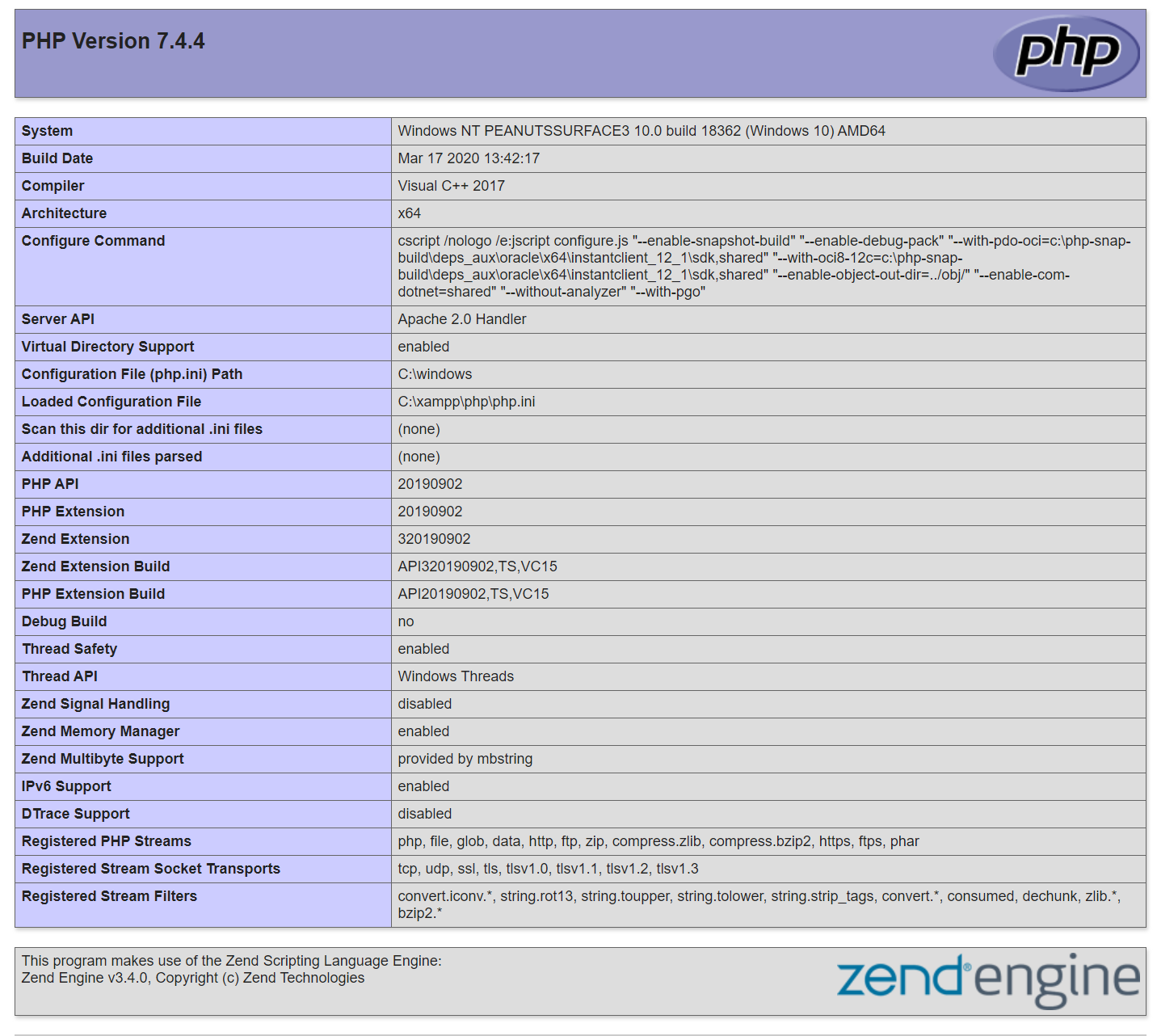 Страница информации о версии php xampp