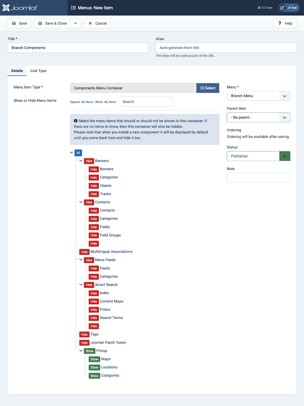 custom administrator menu component selection