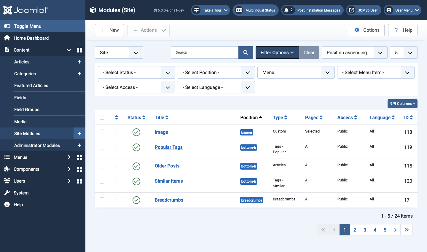 modules list filtered by type menu