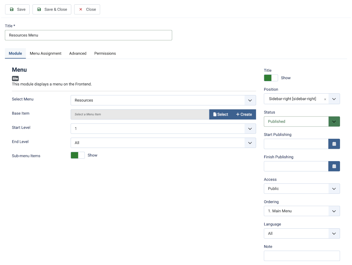 Menu module data entry form