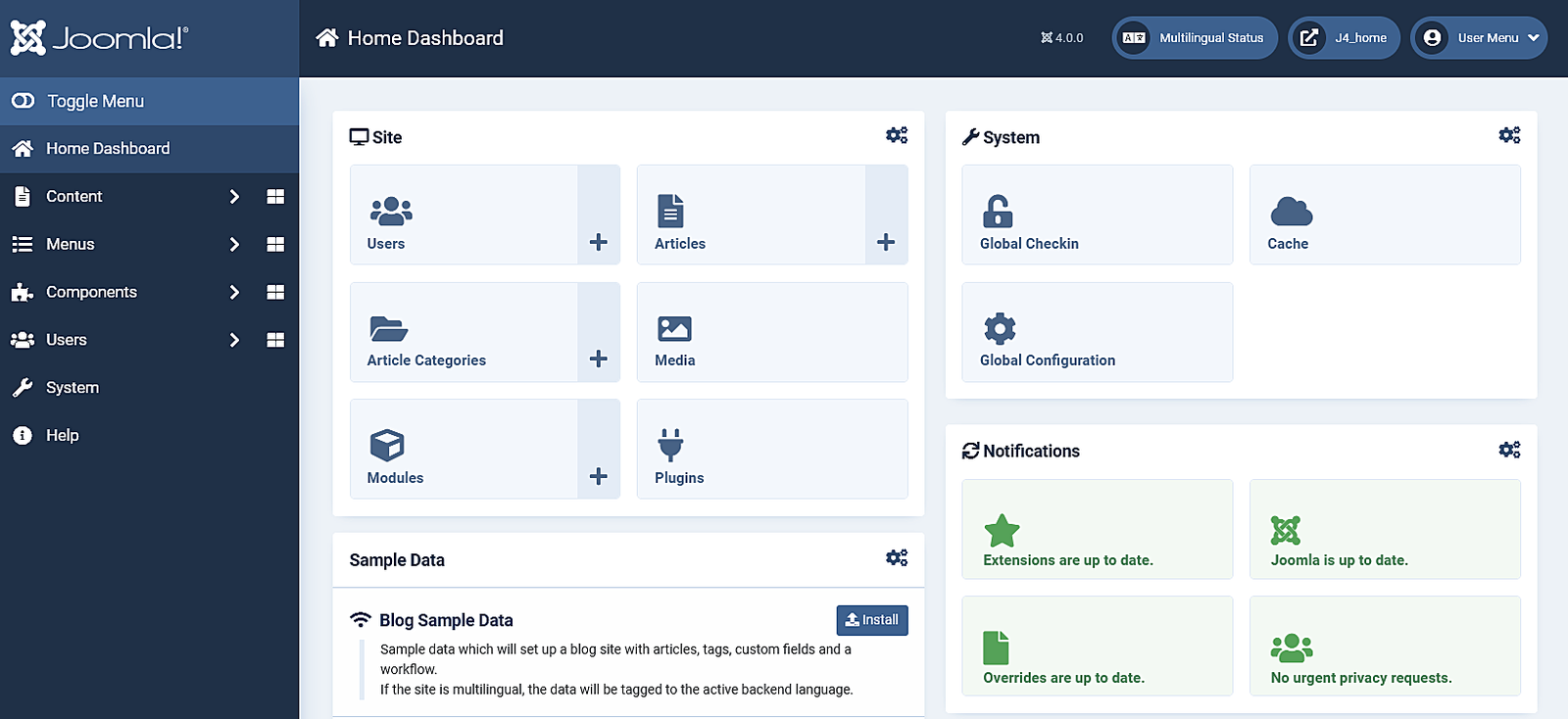 joomla 4 or 5 home dashboard