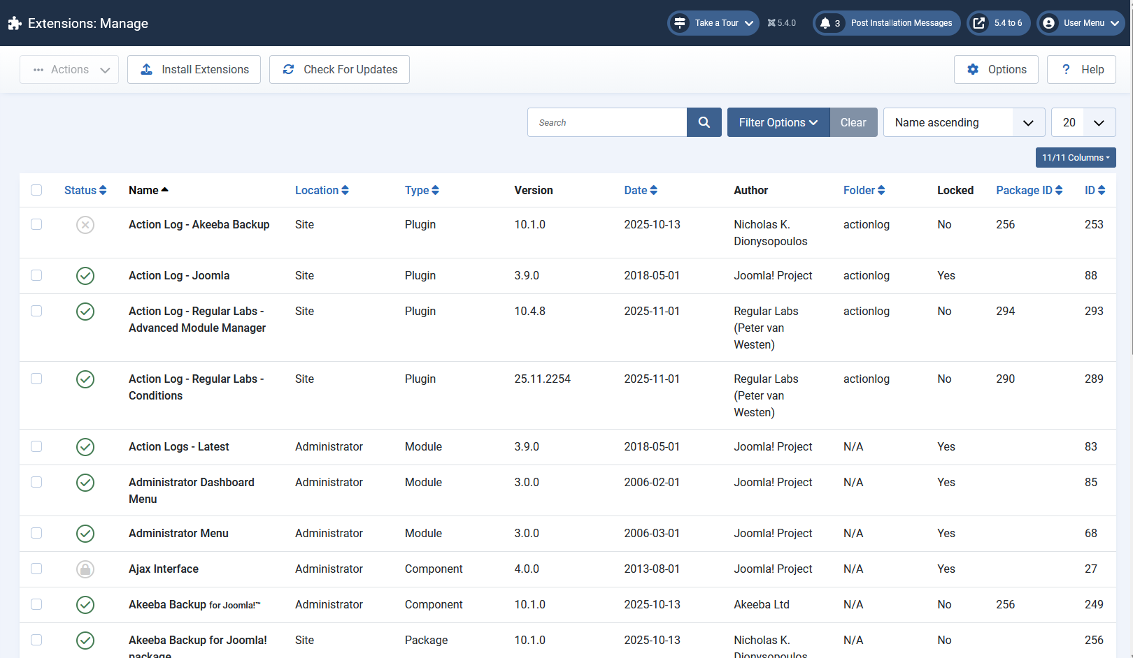 The main Manage Extensions page