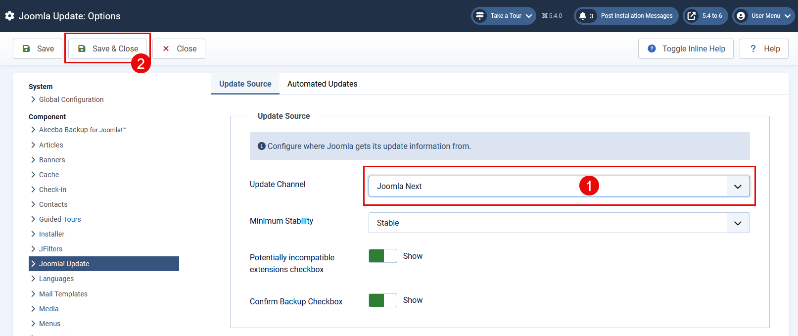 Joomla update options with update channel outlined