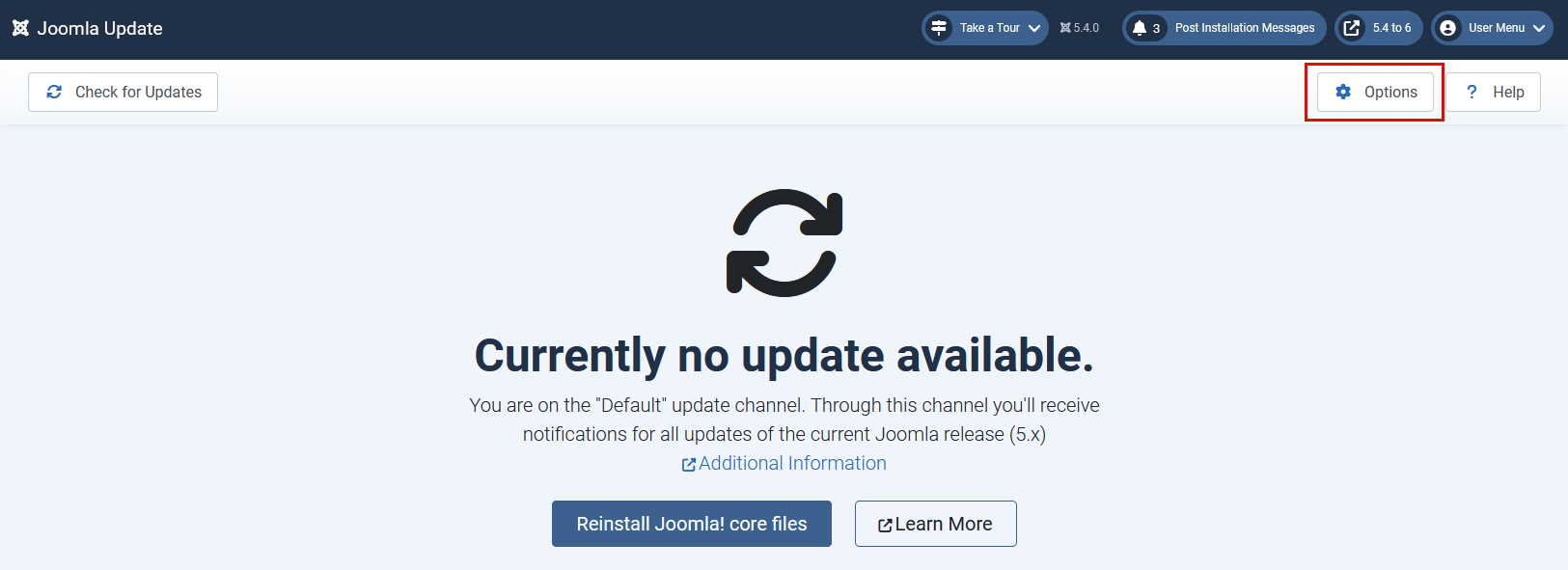 The Joomla update page with the Options button outlined