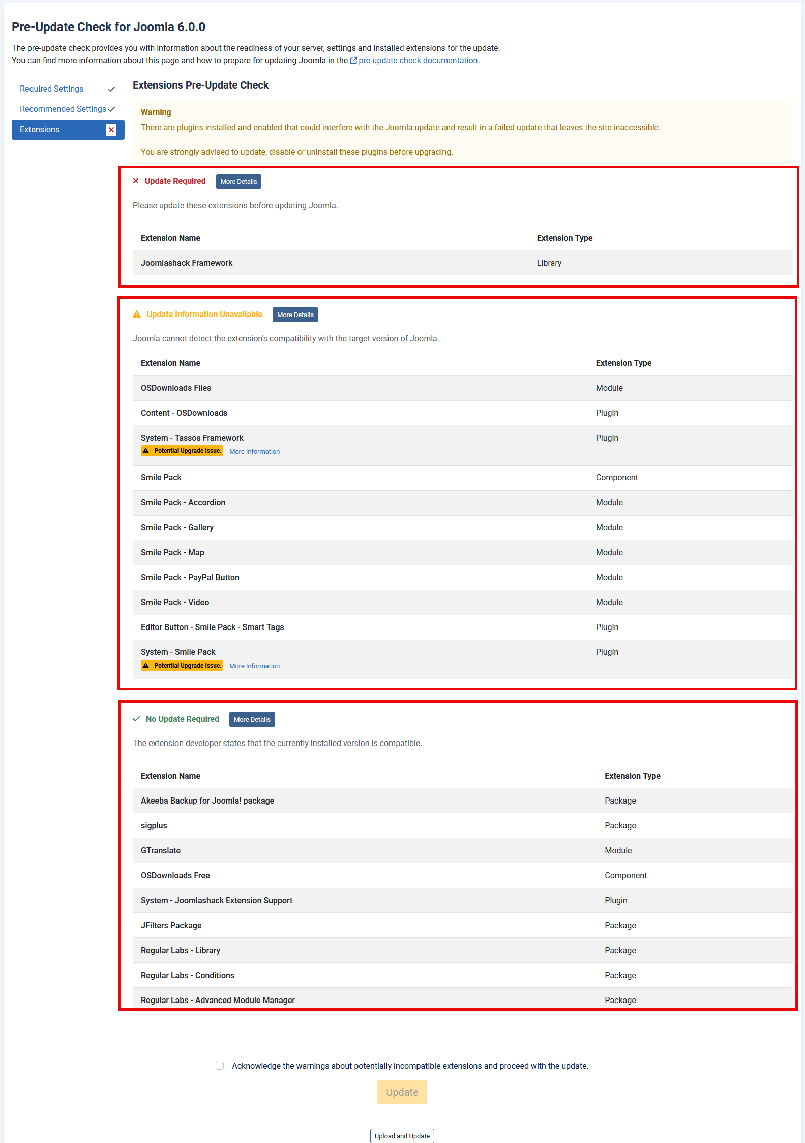 Pre-update Check Extensions Section