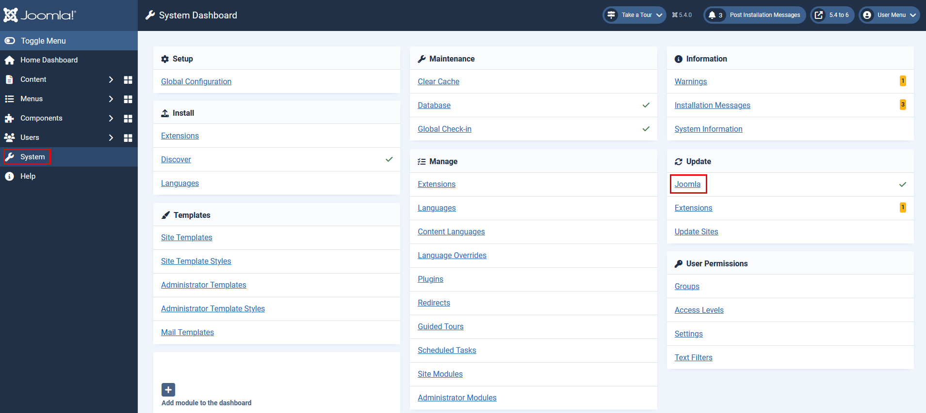 The system dashboard with update Joomla outlined