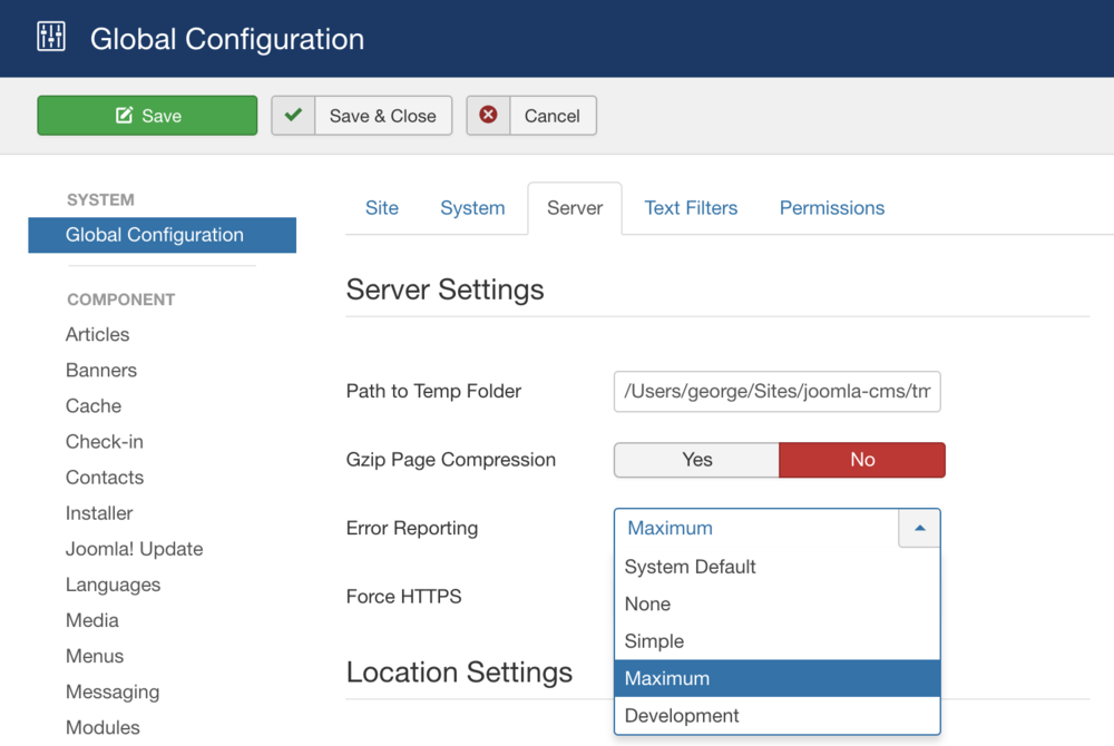 system global configuration server tab