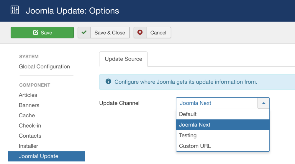 component joomla update select update channel