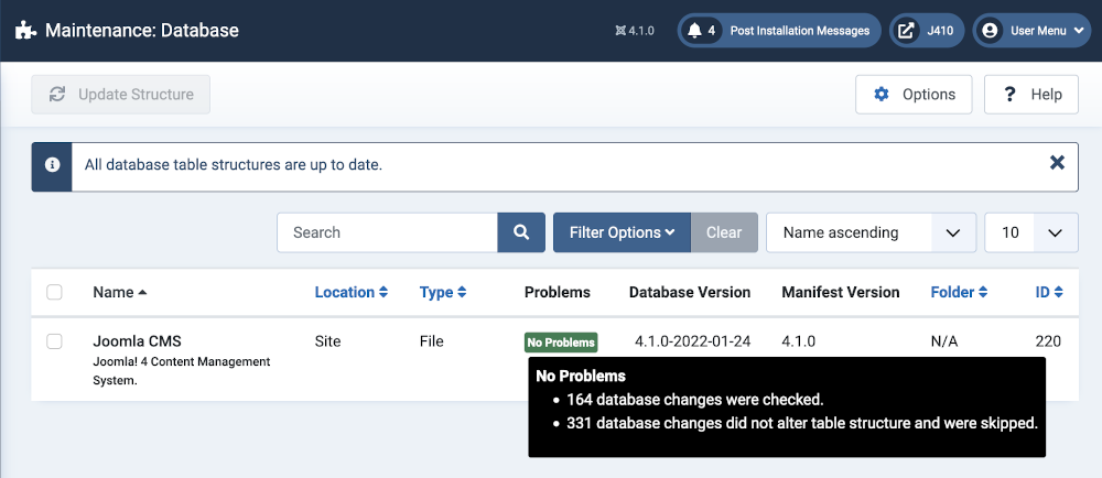 post update database check with no problems