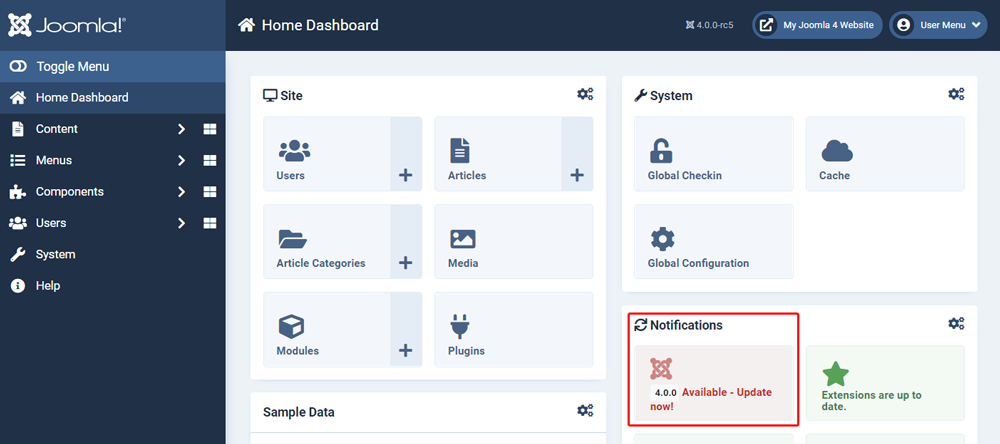 joomla update notification in home dashboard