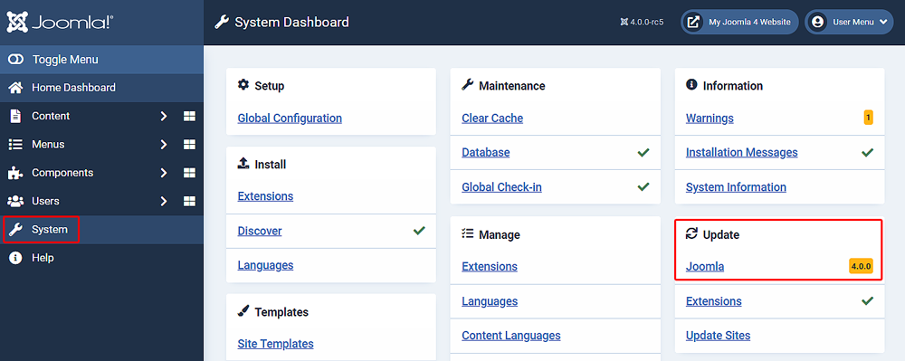 joomla update notification in system dashboard