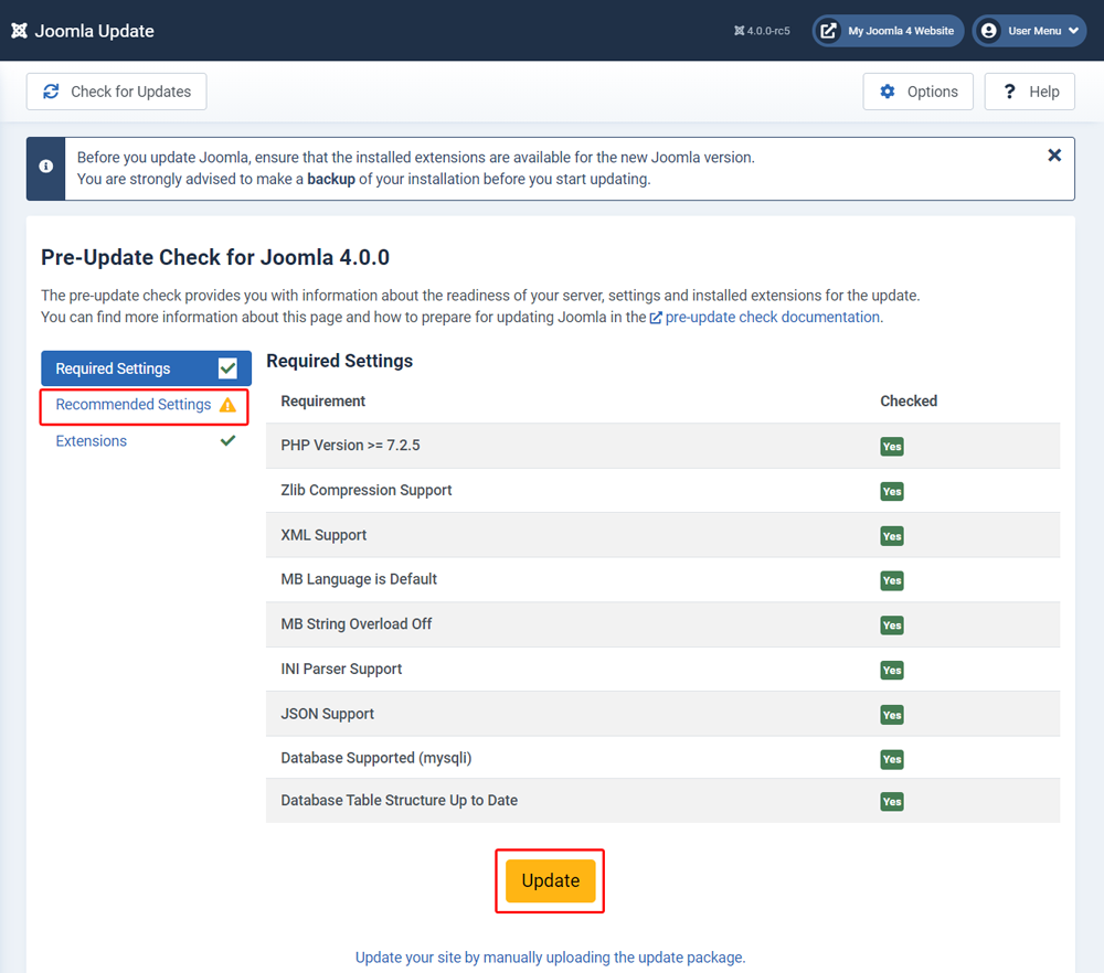 joomla pre update check