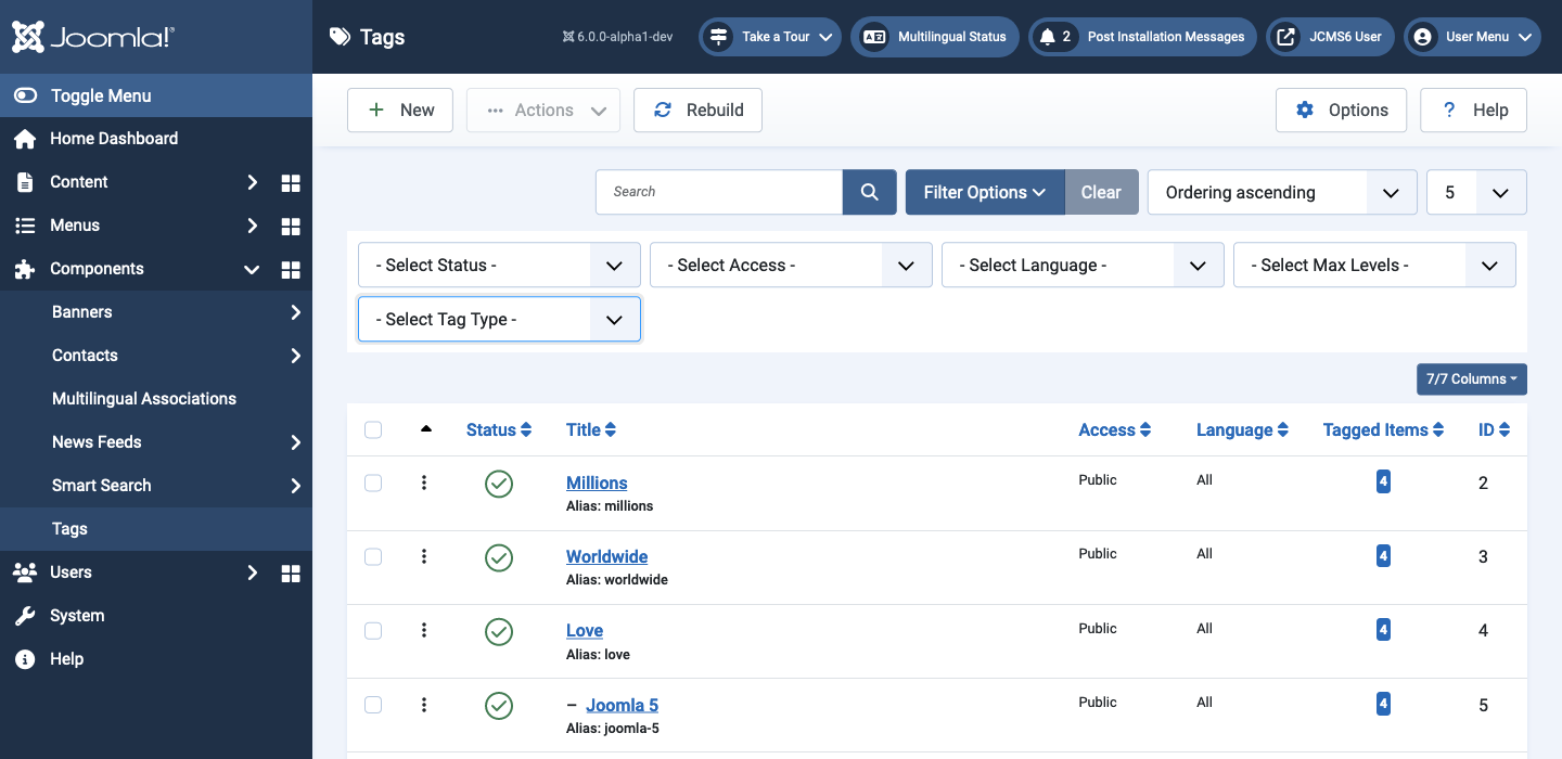 tags list filter by type