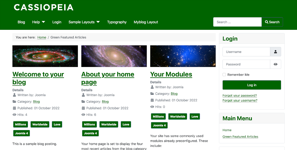 site showing custom green theme template