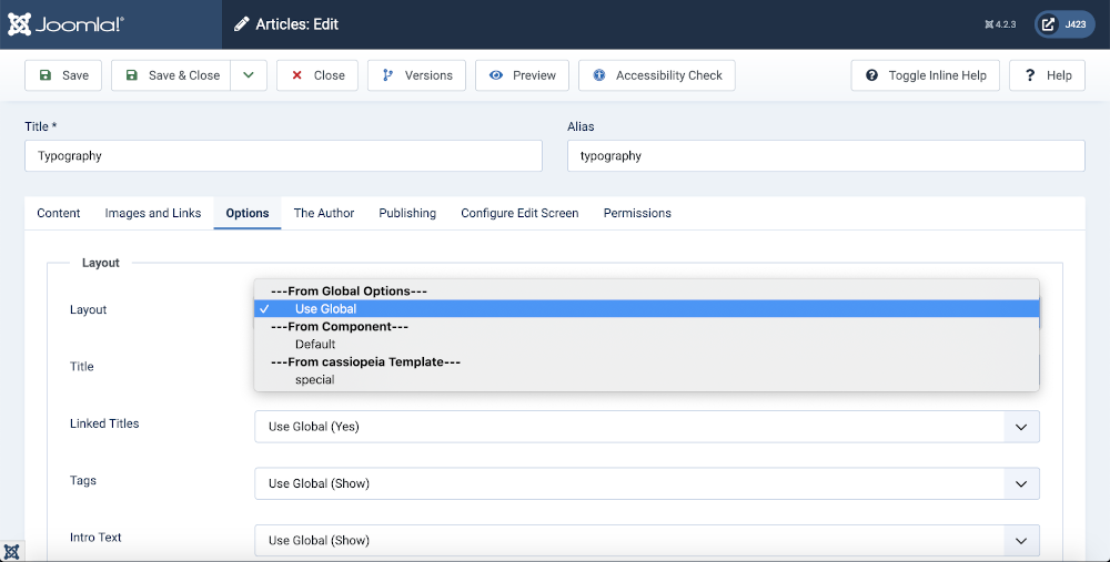 article edit form showing alternative layouts list