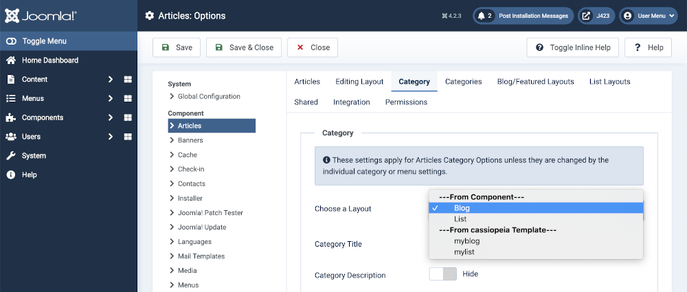 contacts component options form showing alternative layouts