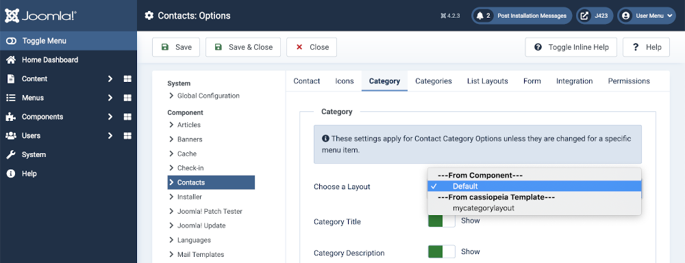 contacts component options form showing alternative layouts