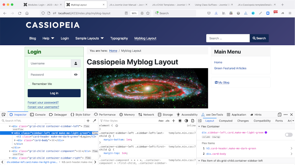 site appearance of the customised module with developer tools