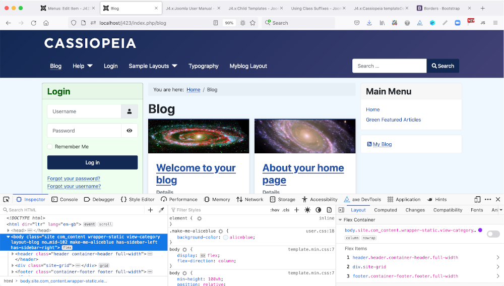 site appearance of the customised page with developer tools