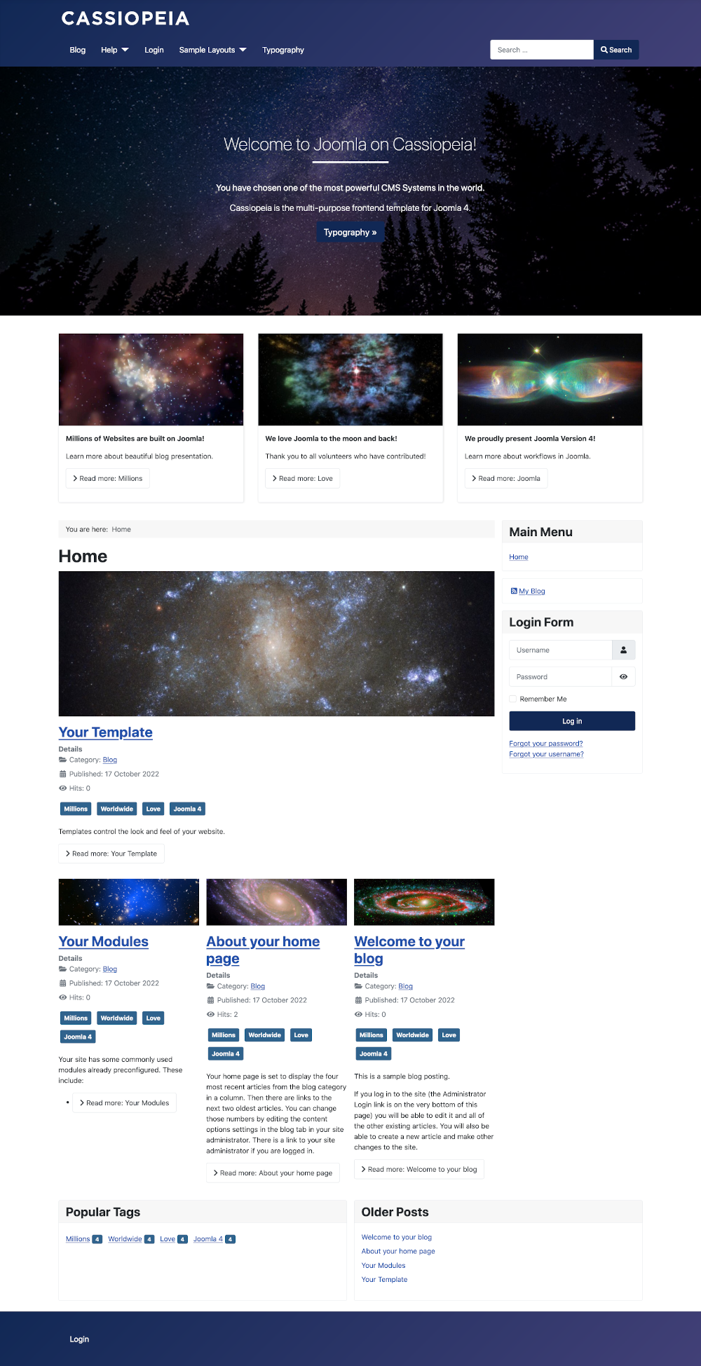 home page using cassiopeia and sample data