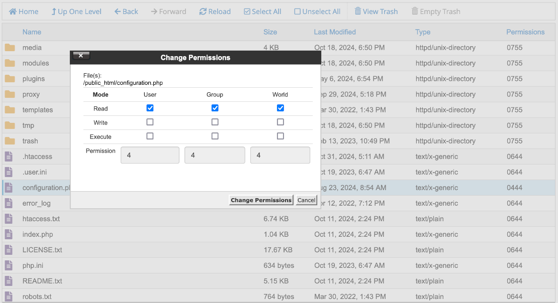 changing permissions in cpanel