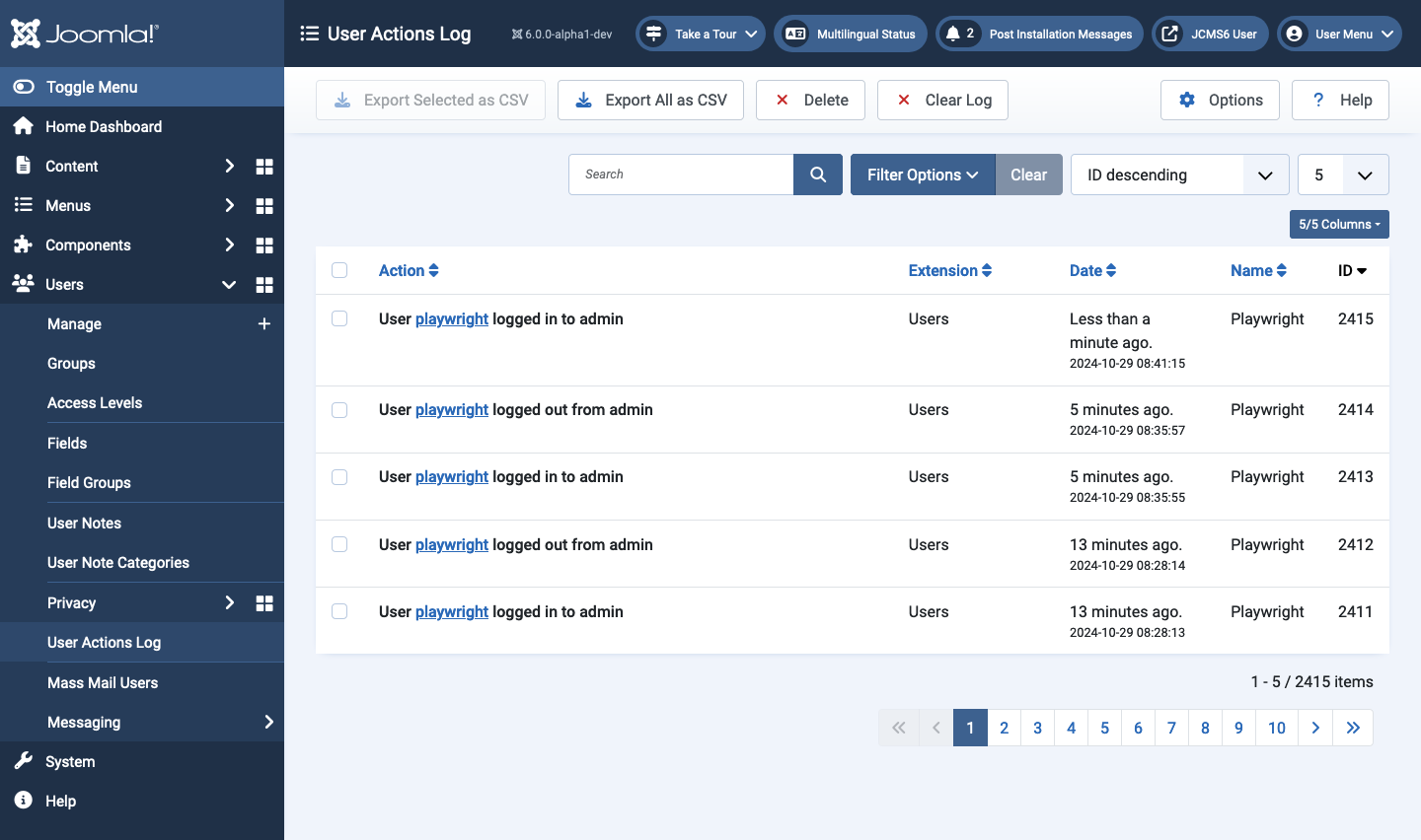 user actions log list page