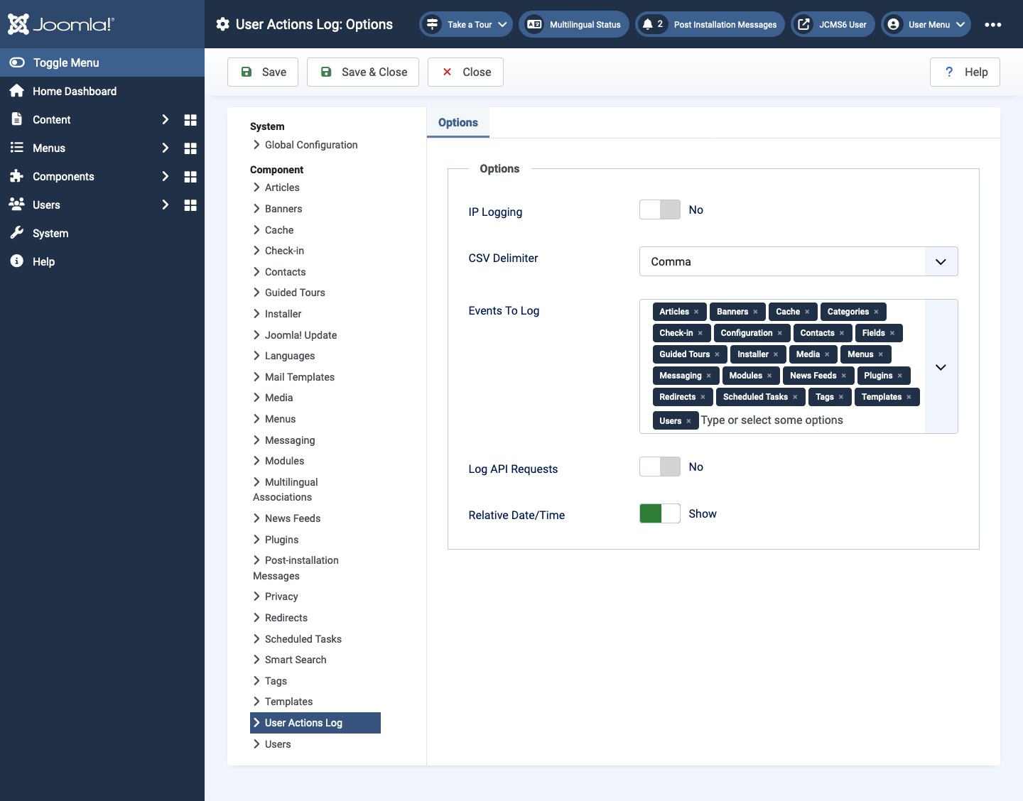 user actions log options page