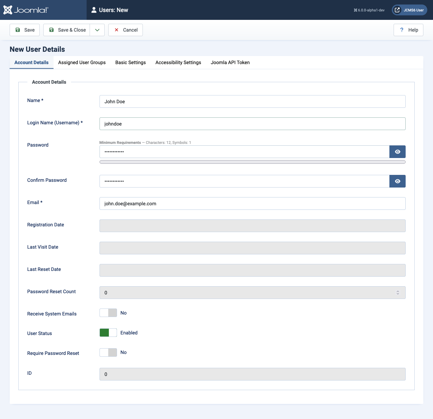 New user data entry page