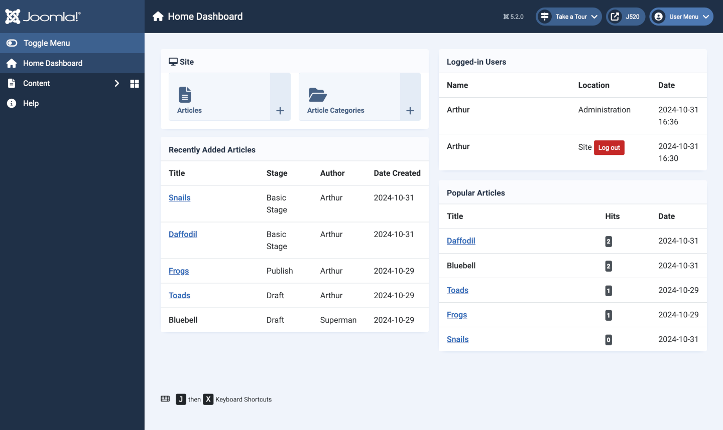 Home dashboard for arthur