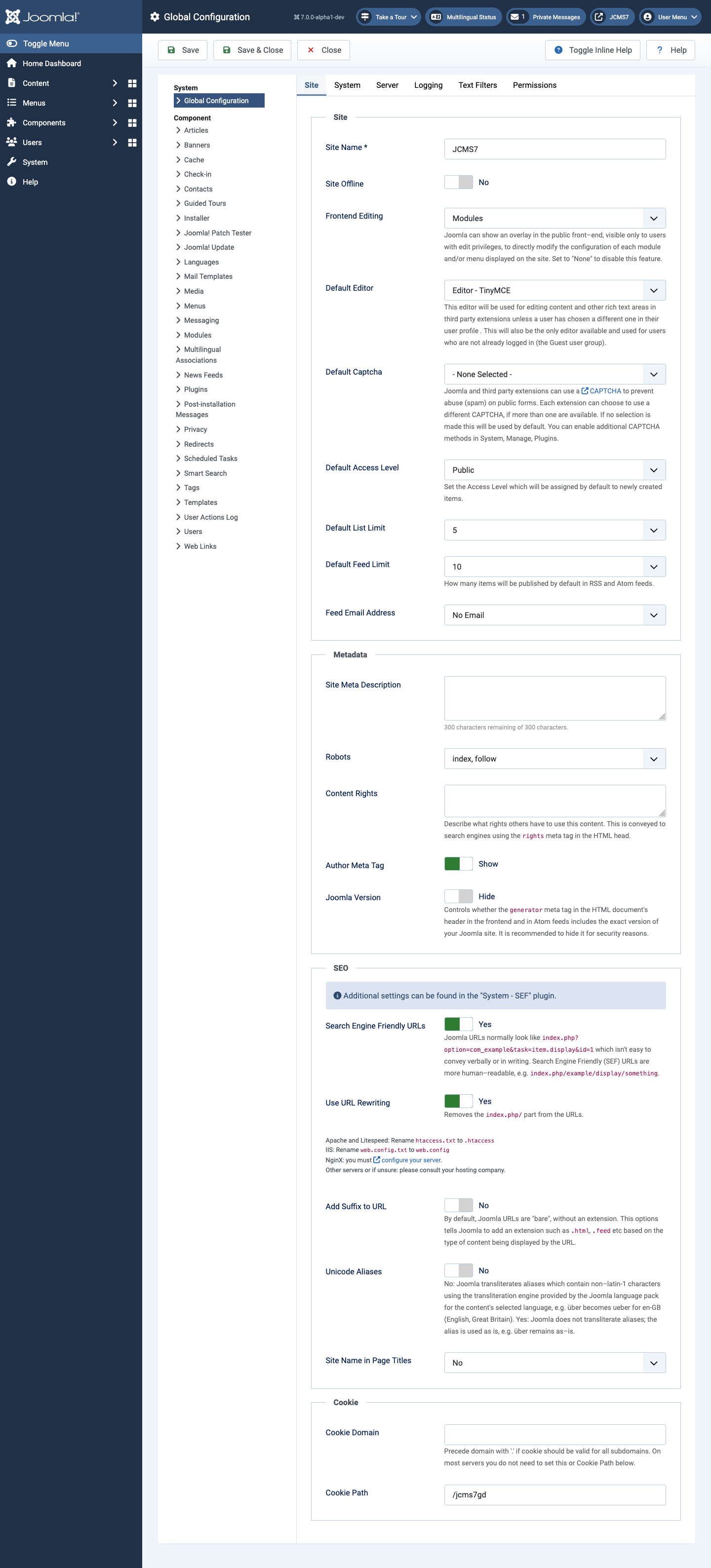 Global configuration site tab