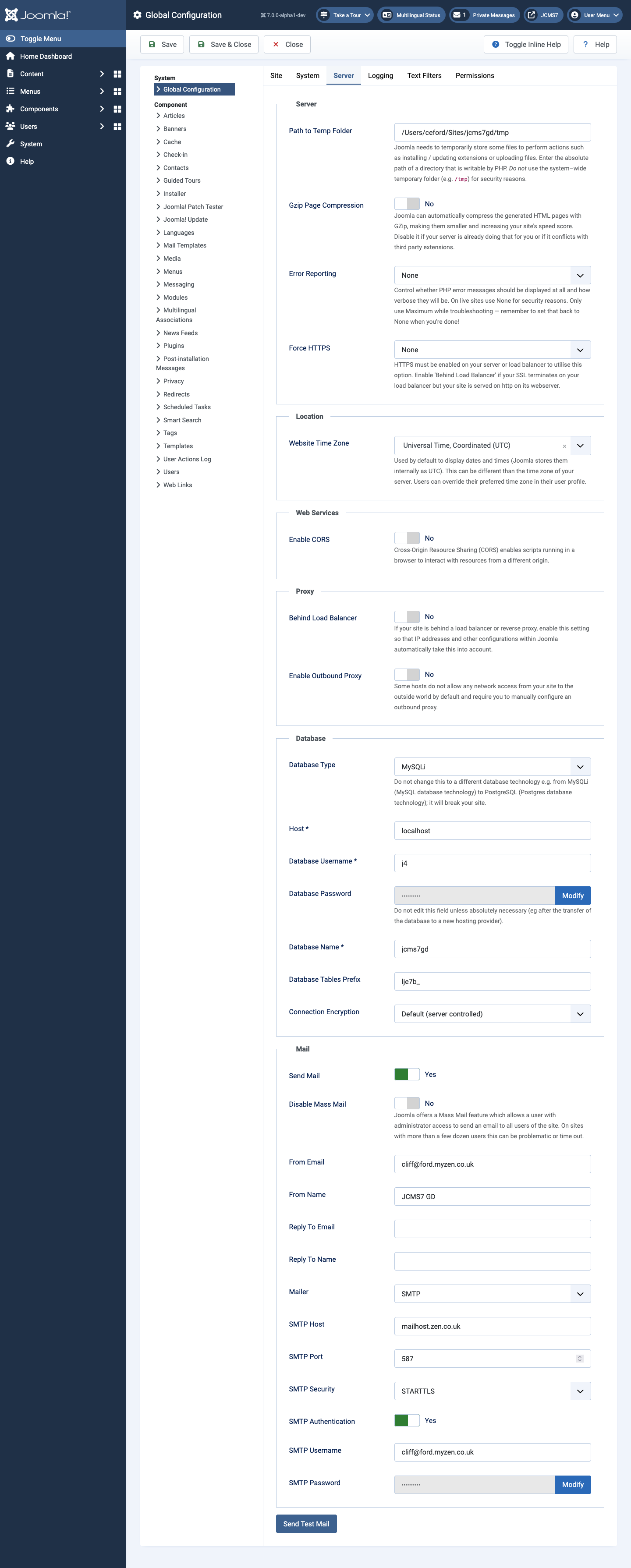 Global configuration server tab