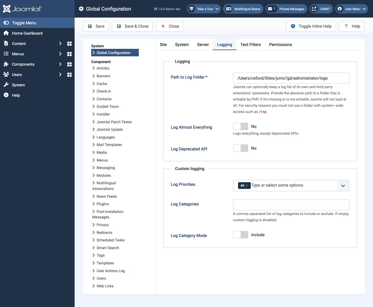 Global configuration site tab