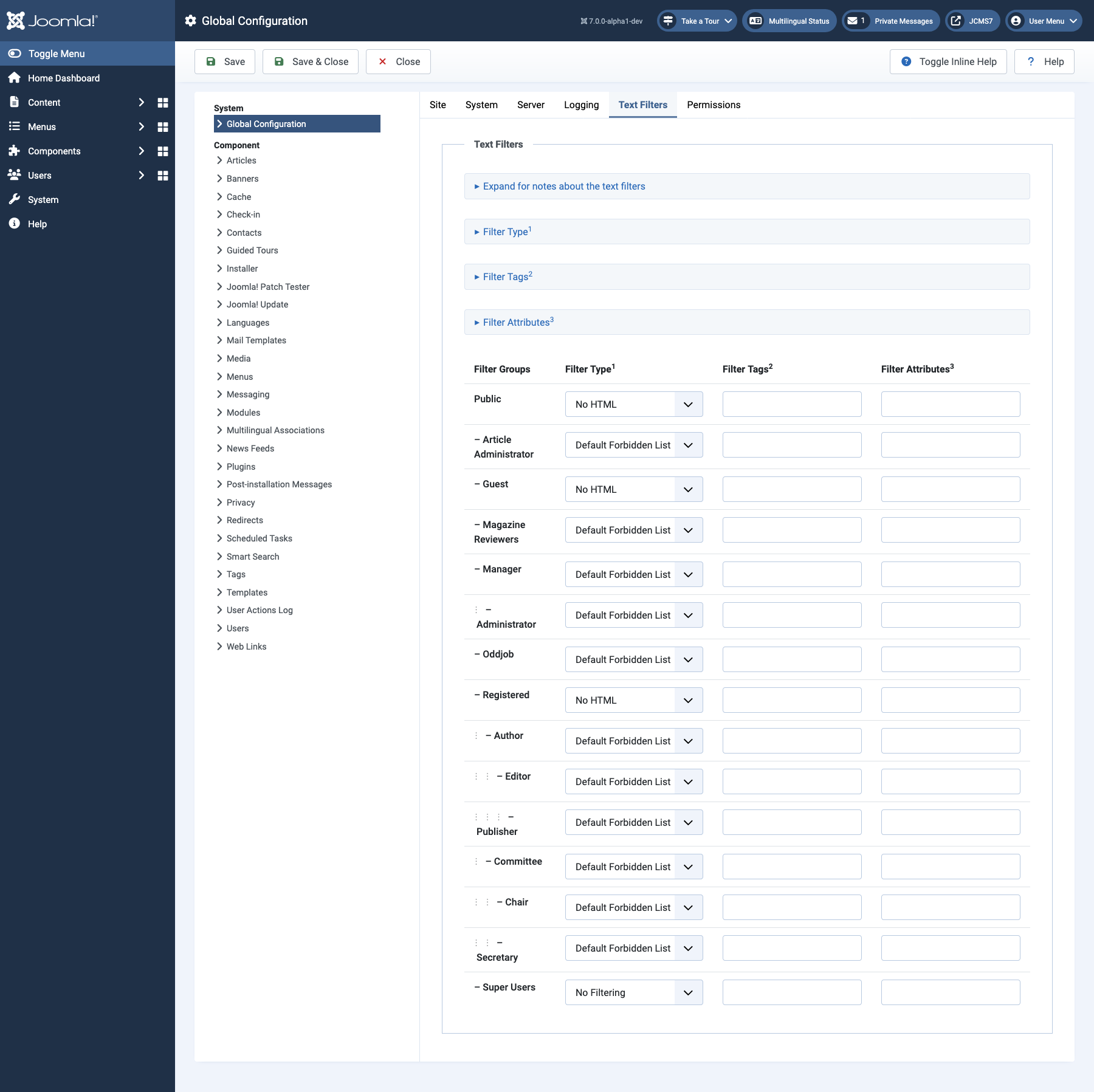 Global configuration site tab