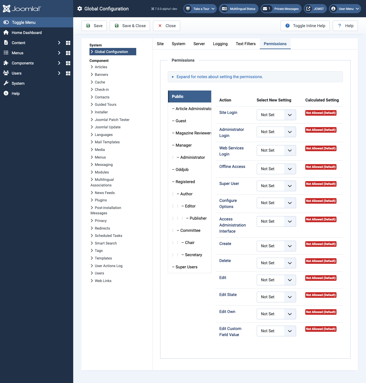 Global configuration site tab