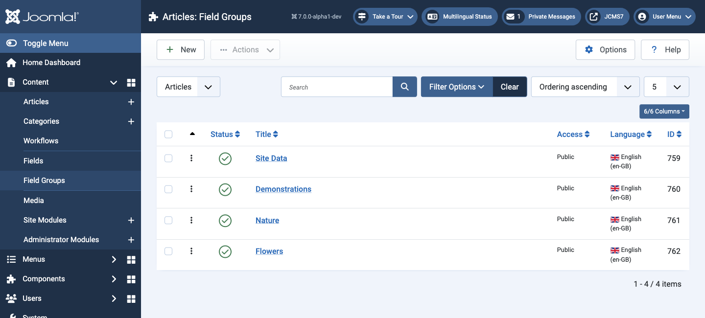 Content field groups list
