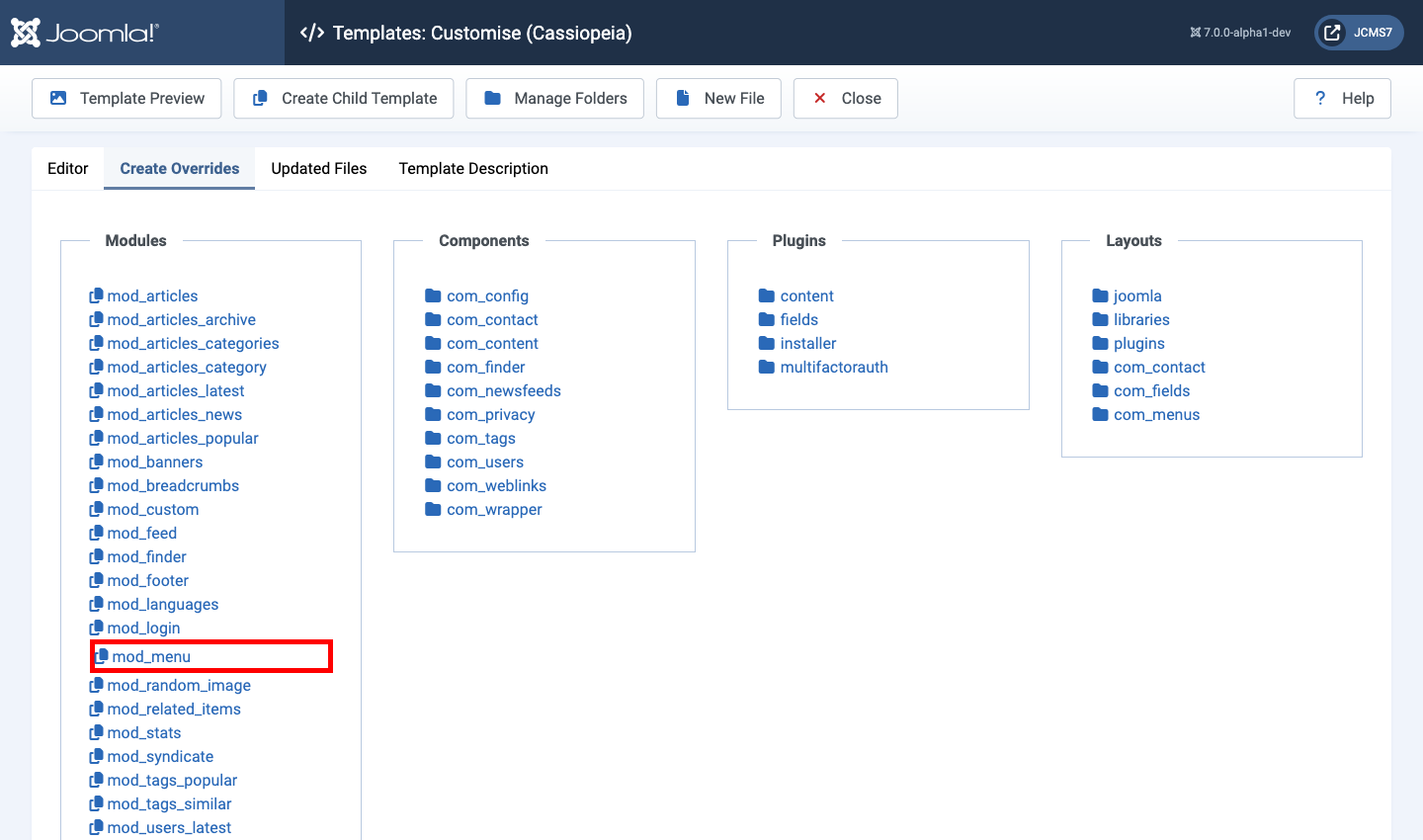 module menu template override selection