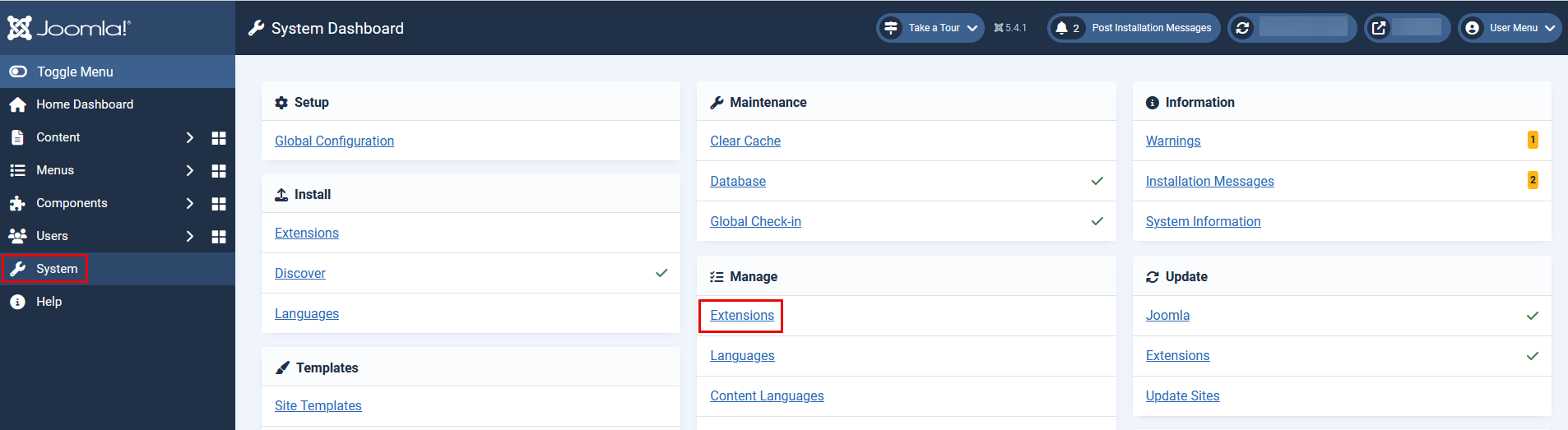 System Dashboard with Manage Extensions outlined